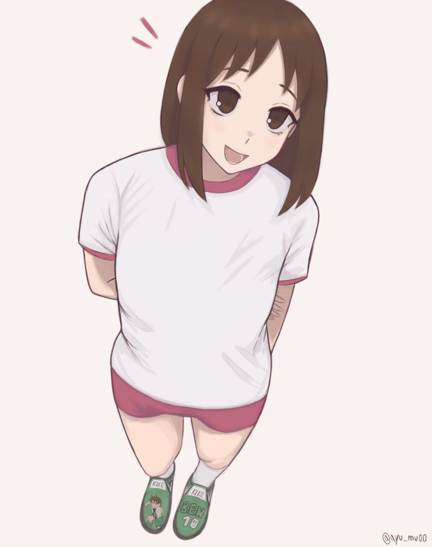 1girl, arms_behind_back, artist_name, ayu_mu00, azumanga_daioh, ben_10, black_eyes, black_hair