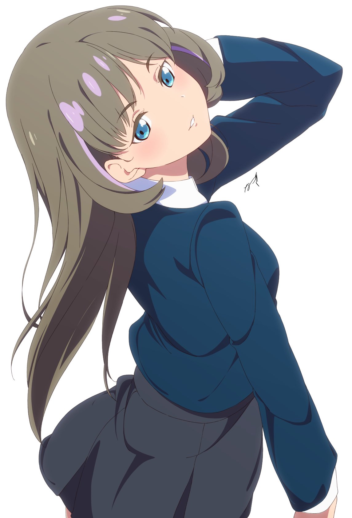 1girl, alternate_hair_length, alternate_hairstyle, arched_back, blue_eyes, blue_jacket, commentary_request, commission