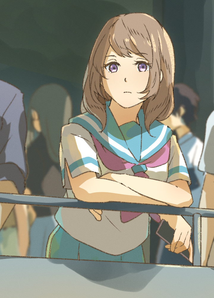 against_railing, brown_hair, fuyuhino, hibike!_euphonium, hiiragi_serina, holding, holding_phone, long_hair
