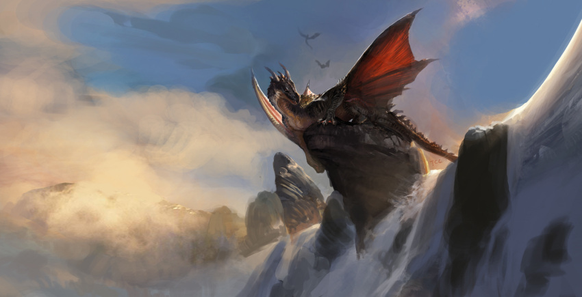 akizhao, animal_focus, black_scales, blue_sky, clouds, commentary, day, dragon