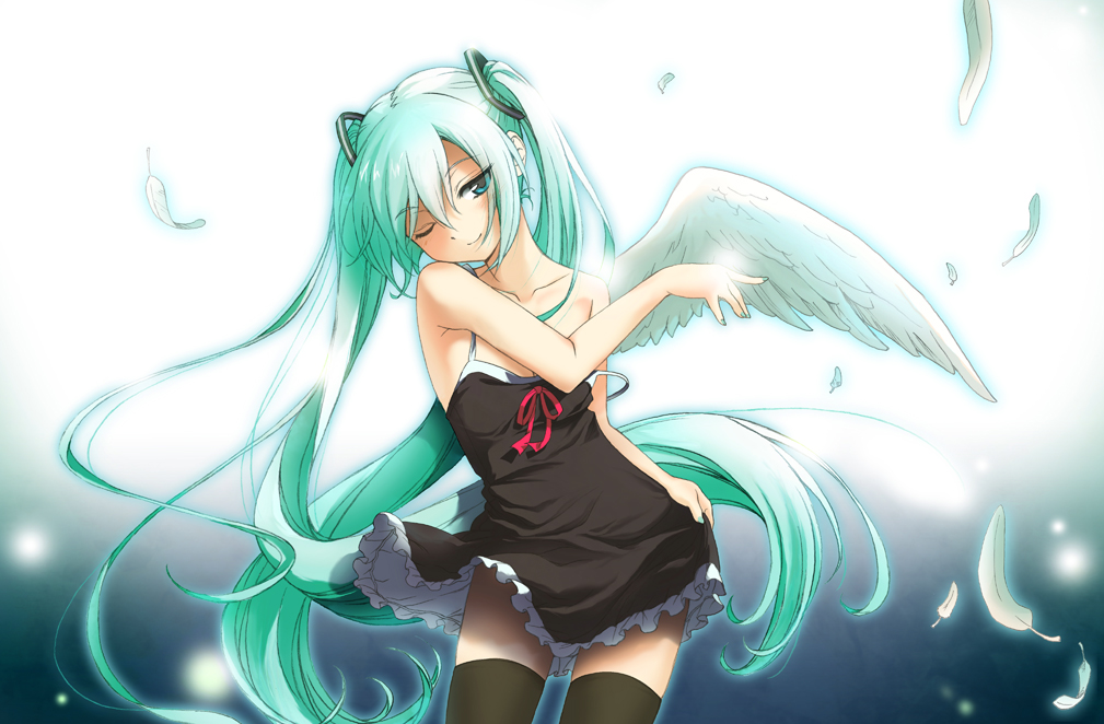 angel_wings, aqua_eyes, aqua_hair, feathers, hatsune_miku, konoe_(vis9191), long_hair, short_dress