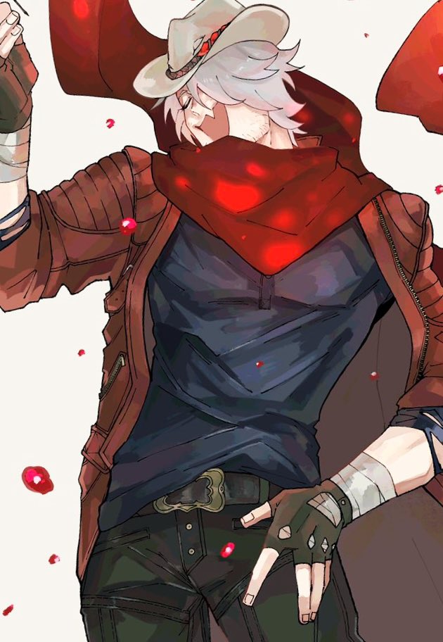 1boy, belt, black_gloves, blue_eyes, closed_eyes, coat, cowboy_hat, dante_(devil_may_cry), devil_may_cry_(series), devil_may_cry_5, fingerless_gloves, gloves, hair_over_one_eye, hat, male_focus, moyashi_san4, muscular, muscular_male, red_coat, simple_background, smile, solo, upper_body, white_hair