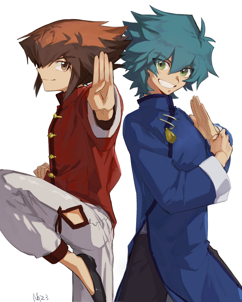 2boys, absurdres, artist_name, black_footwear, black_pants, blue_hair, blue_robe, brown_eyes