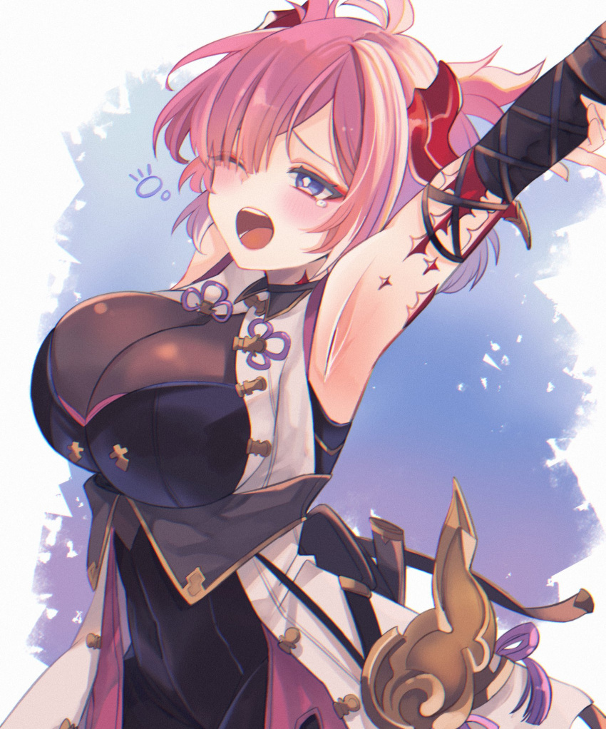1girl, arm_up, armpits, artistic_error, asymmetrical_clothes, asymmetrical_hair, breasts, chichiri, coat, draph, granblue_fantasy, hair_ornament, highres, large_breasts, one_eye_closed, pink_hair, sleeveless, sleeveless_coat, solo, stretching, tassel, tassel_hair_ornament, yawning, yu-li