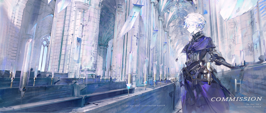 1boy, arm_support, armor, armored_gloves, artist_name, bench, ceiling, commission