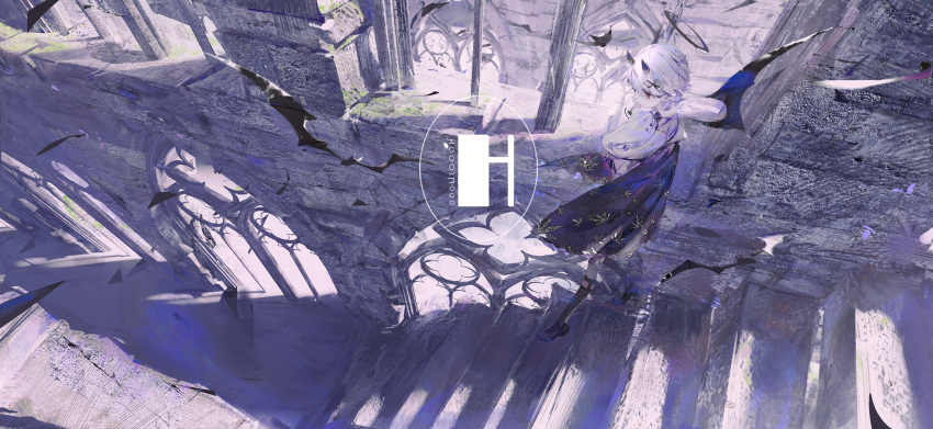 1girl, artist_name, bat_(animal), bat_wings, black_footwear, black_halo, black_horns, black_skirt