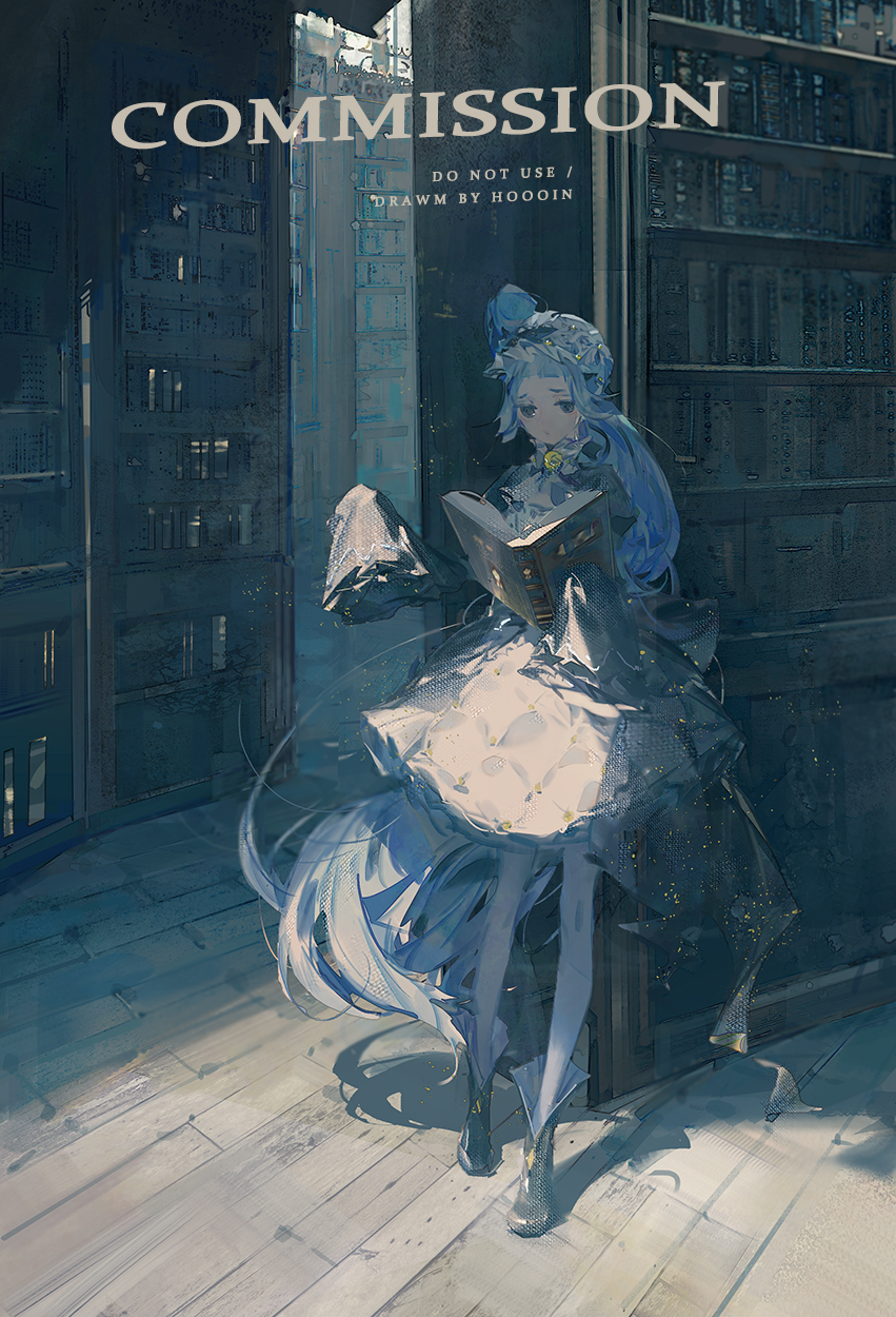 1girl, artist_name, black_dress, black_footwear, blue_eyes, blue_hair, blunt_bangs, book, commission, dress, full_body, furrowed_brow, hat, highres, indoors, library, lolita_fashion, long_hair, long_sleeves, original, reading, shadow, shelf, sidelocks, sleeves_past_wrists, solo, standing, sunlight, very_long_hair, wide_sleeves, window_shadow, wooden_floor, yingfeng862