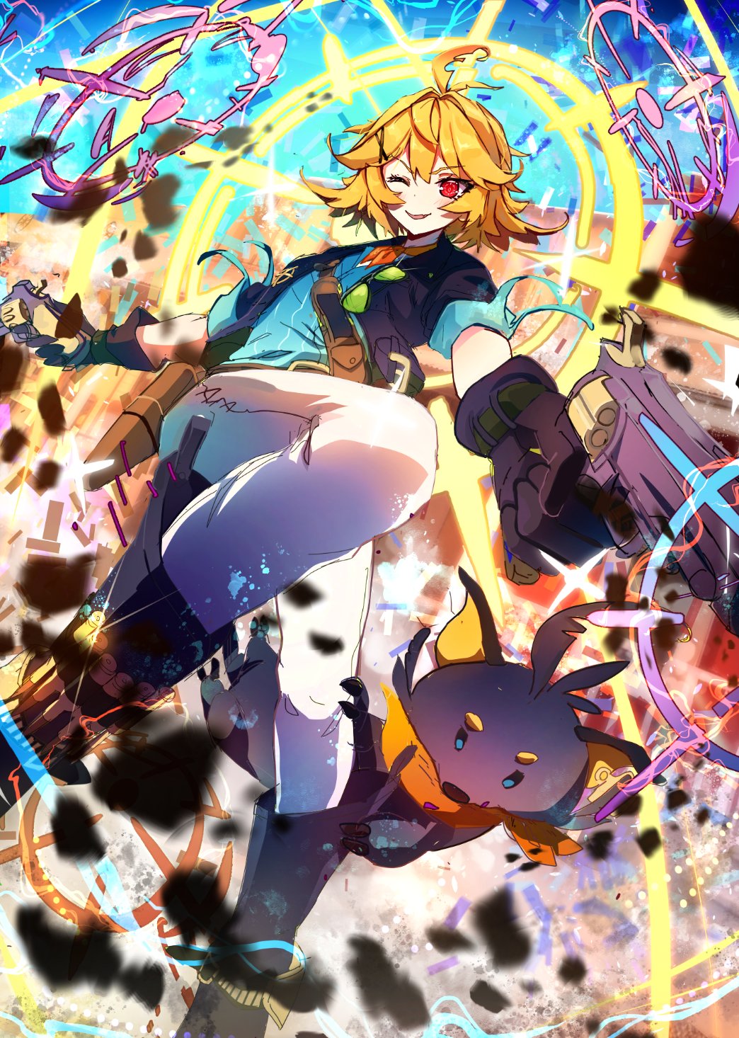1girl, ahoge, aqua_shirt, black_footwear, black_gloves, black_jacket, blonde_hair, blue_background