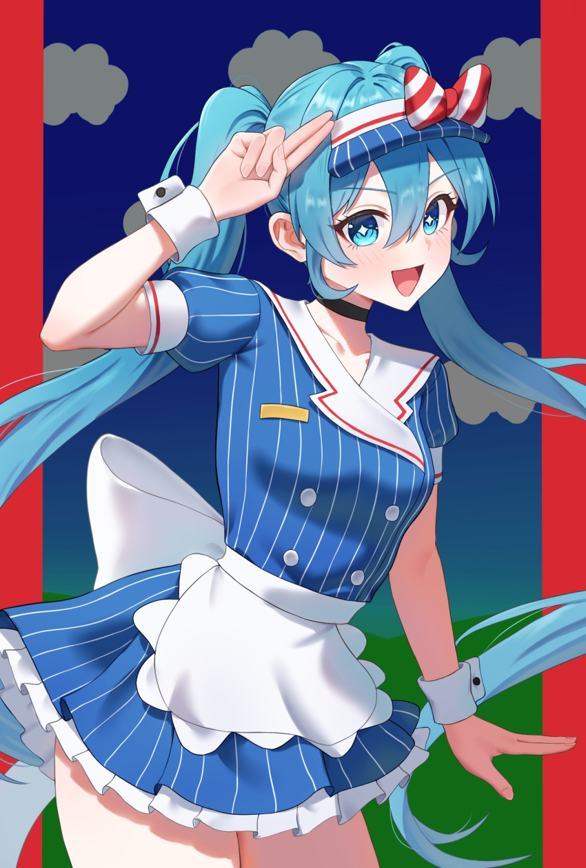 +_+, 1girl, :d, apron, black_choker, blue_dress, blue_eyes, blue_hair