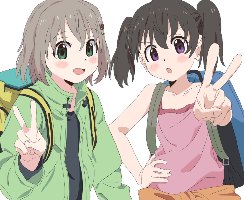 :o, backpack, bag, black_hair, black_shirt, blue_bag, blush, brown_hair, clothes_around_waist, collarbone, dlbl, flat_chest, foreshortening, green_eyes, green_jacket, hair_ornament, hairclip, hand_on_own_hip, hand_up, highres, jacket, jacket_around_waist, kuraue_hinata, long_sleeves, looking_at_viewer, open_clothes, open_jacket, open_mouth, orange_jacket, outstretched_arm, pink_tank_top, shirt, short_hair, smile, tank_top, twintails, upper_body, v, v-shaped_eyebrows, violet_eyes, yama_no_susume, yukimura_aoi