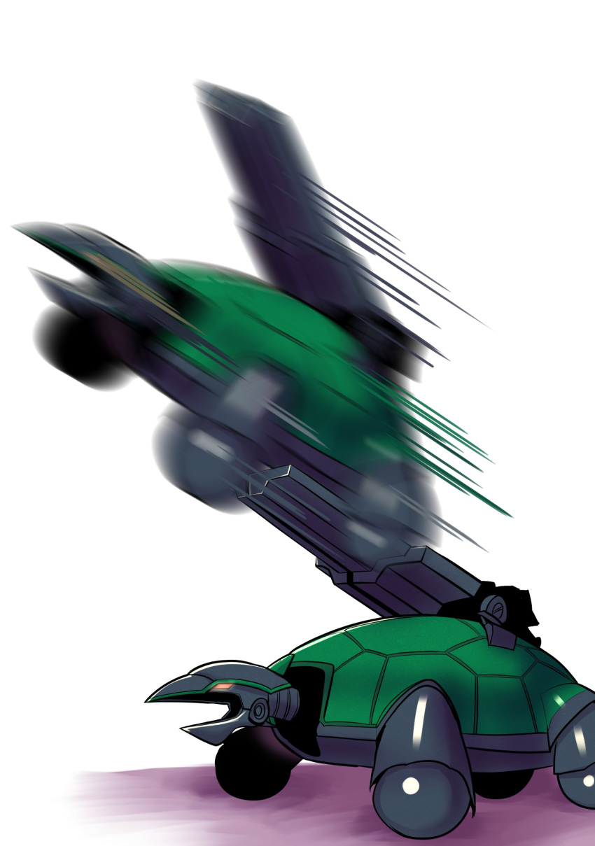 absurdres, all_fours, catapult_turtle, duel_monster, full_body, glowing, glowing_eyes, go_madare, highres, launching, motion_blur, non-humanoid_robot, orange_eyes, robot, robot_animal, shell, simple_background, speed_lines, turtle, white_background, yu-gi-oh!