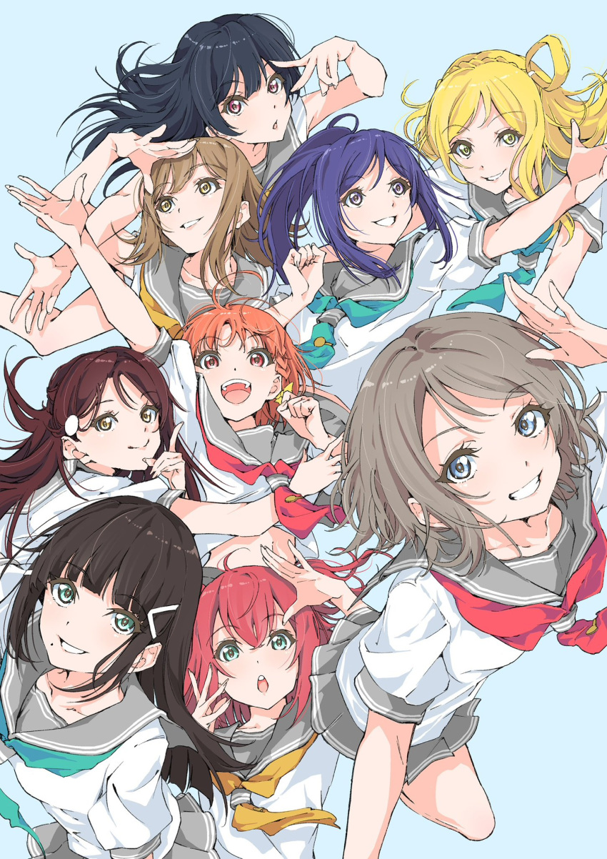 6+girls, black_hair, blonde_hair, blue_eyes, blunt_bangs, brown_eyes, brown_hair, closed_mouth