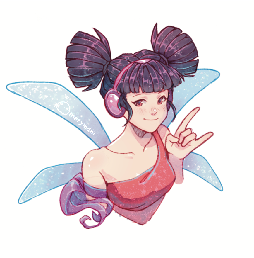 1girl, animification, black_hair, blush, collarbone, eyelashes, fairy, fairy_wings