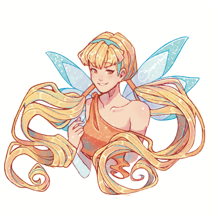 1girl, animification, blonde_hair, blush, fairy, fairy_wings, hair_tubes, hairband