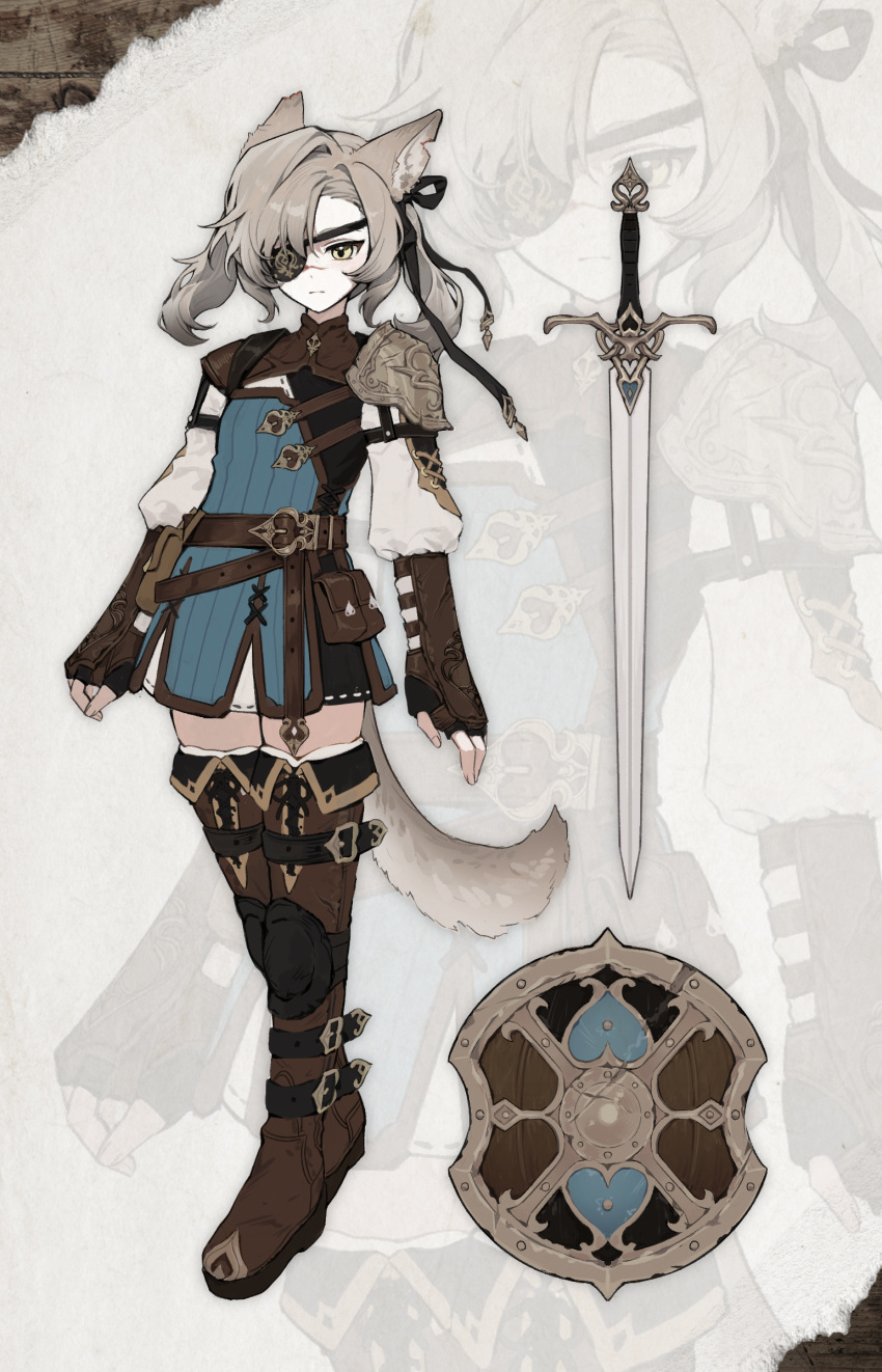 1girl, animal_ears, armor, belt, black_gloves, boots, bracer, brown_capelet