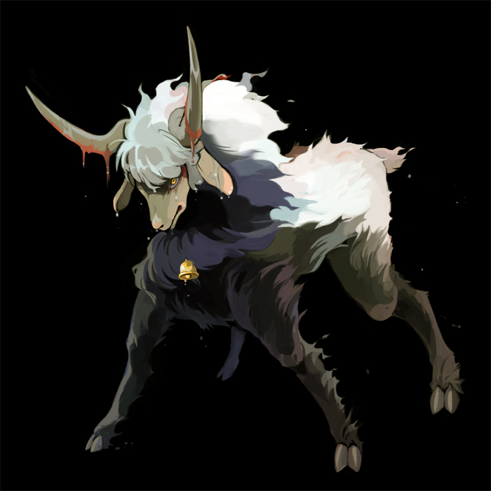 bell, black_background, chirin, chirin_no_suzu, dripping, full_body, hooves, horns