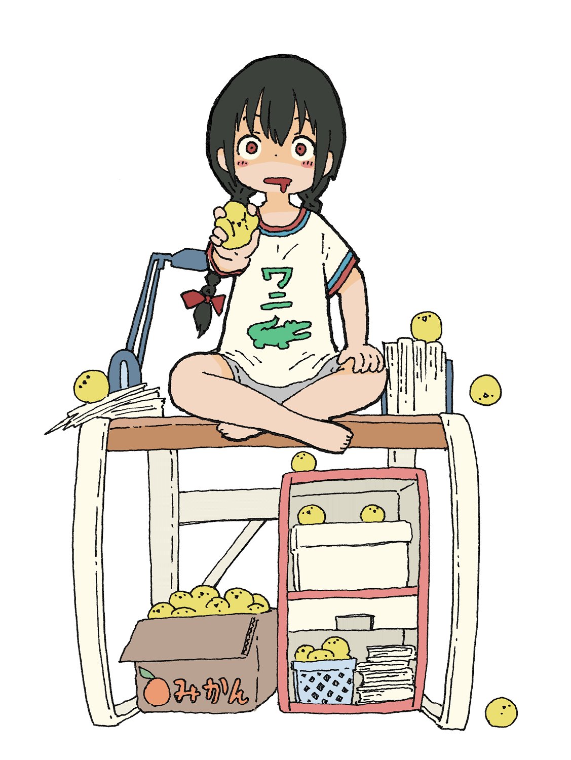 1girl, animal, bird, black_hair, blush_stickers, box, braid, brown_eyes