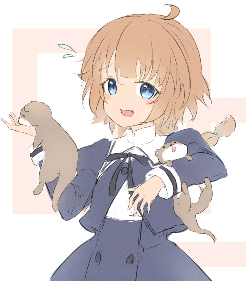 1girl, absurdres, ahoge, animal, assault_lily, black_ribbon, black_skirt, blue_eyes