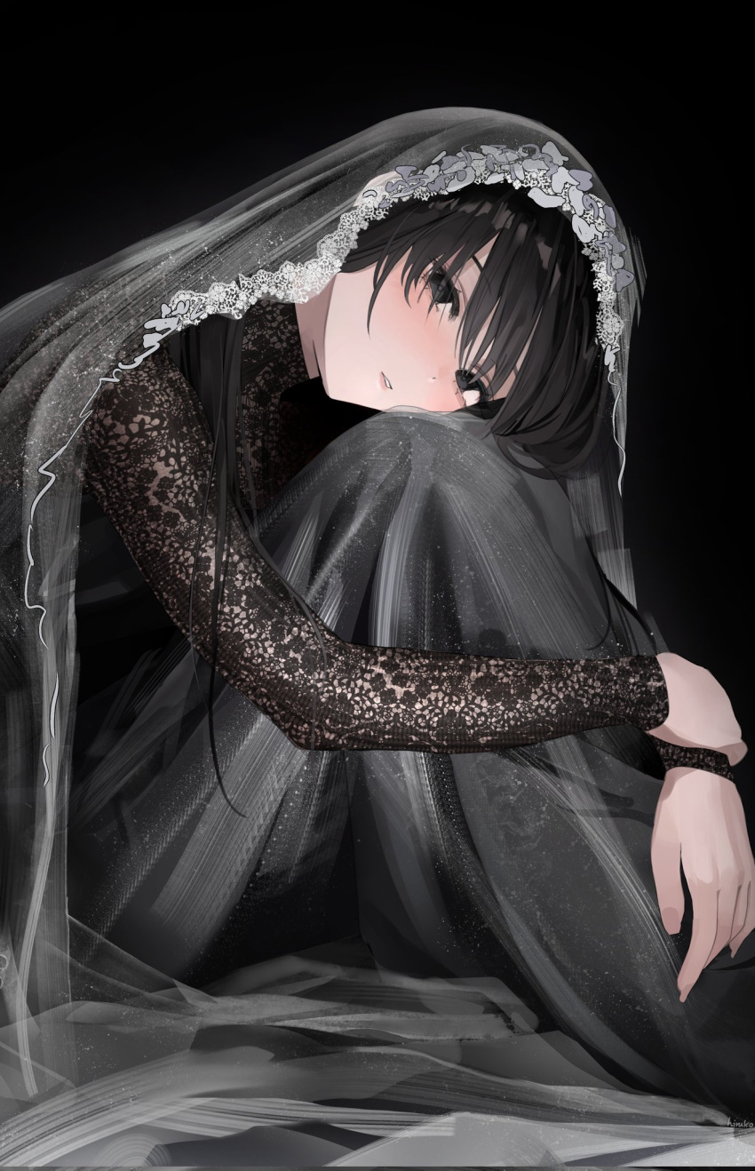 1girl, arms_around_legs, black_background, black_eyes, black_hair, bridal_veil, head_rest, highres