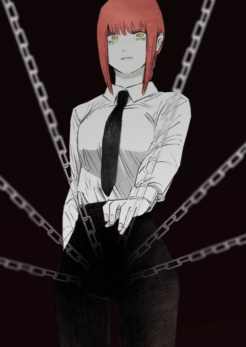 1girl, absurdres, black_necktie, black_pants, blurry, braid, braided_ponytail, breasts