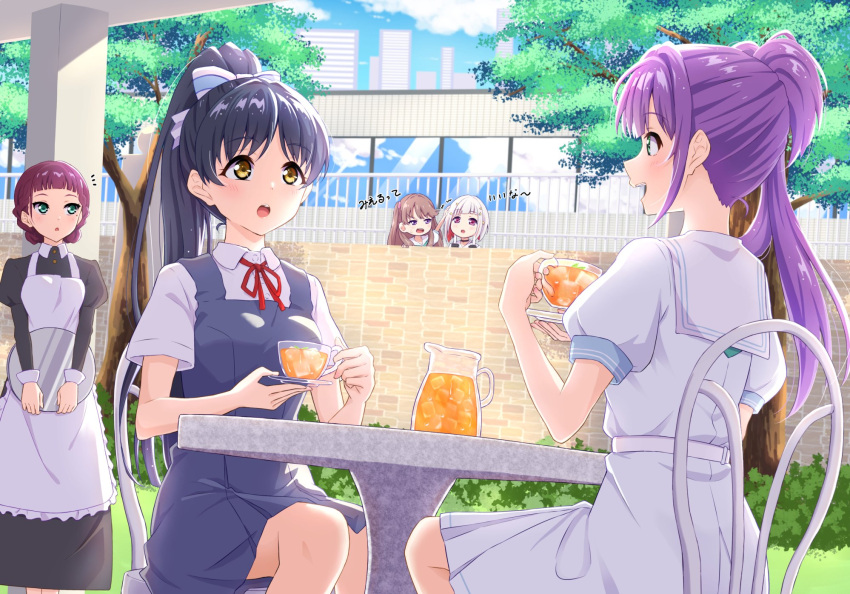 5girls, :o, apron, aqua_neckerchief, black_dress, black_hair, blue_sky, blush