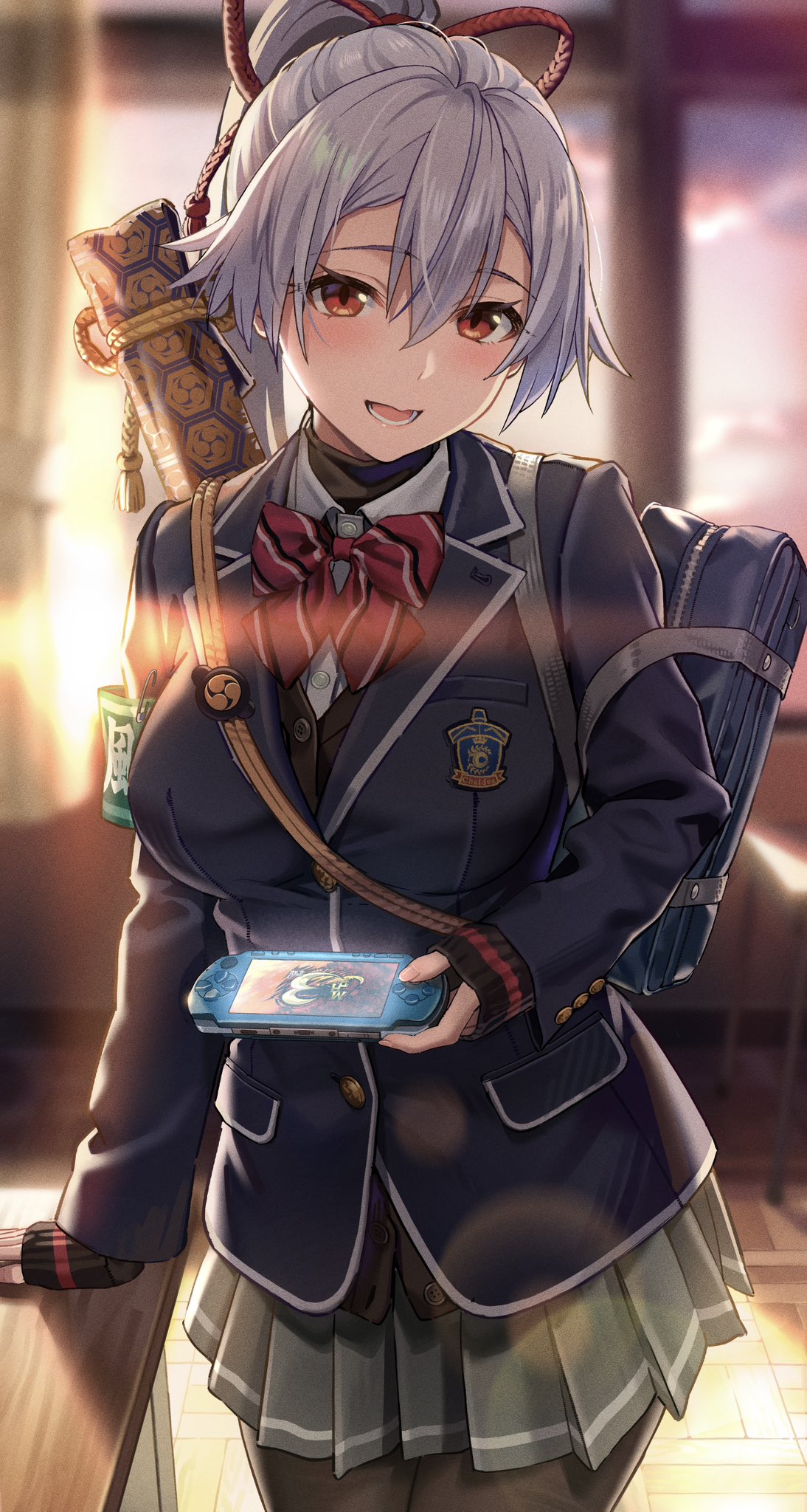 1girl, blazer, bow, breasts, desk, fate/grand_order, fate_(series), hair_between_eyes