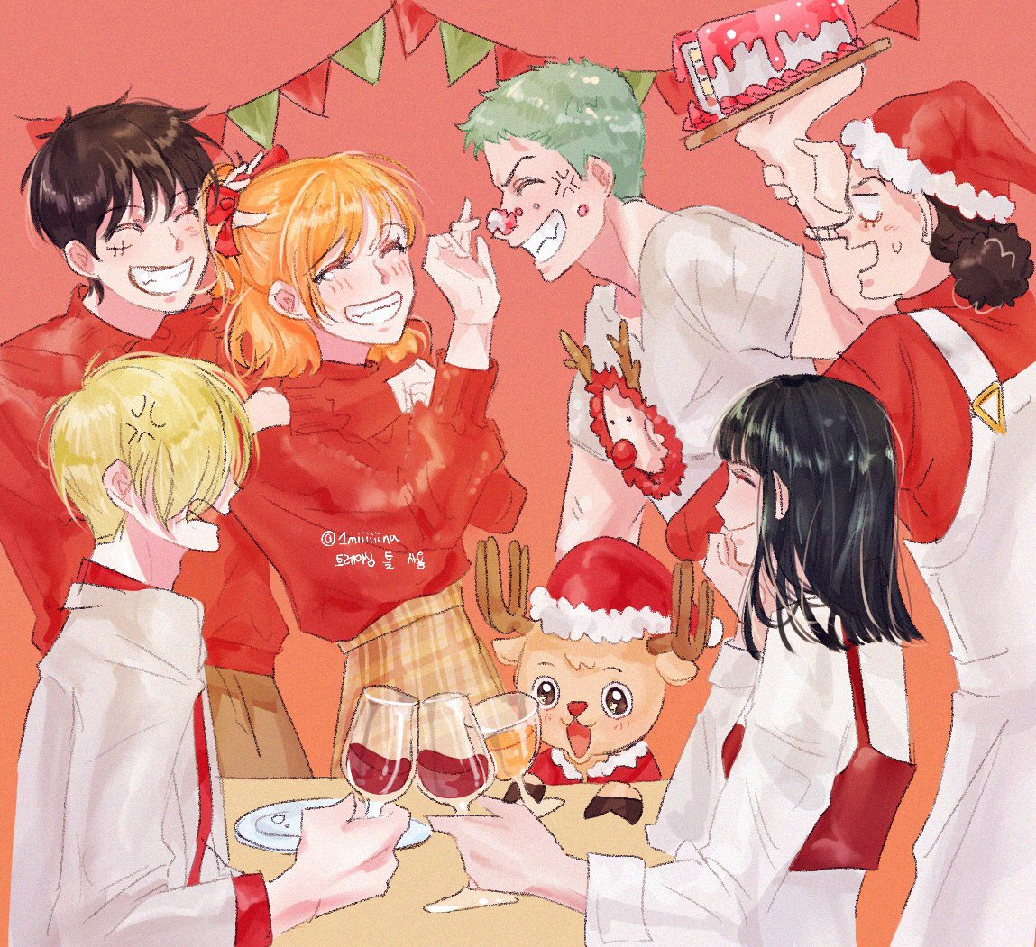 1miiiiiina, 2girls, 5boys, ^_^, anger_vein, antlers, black_hair, blonde_hair
