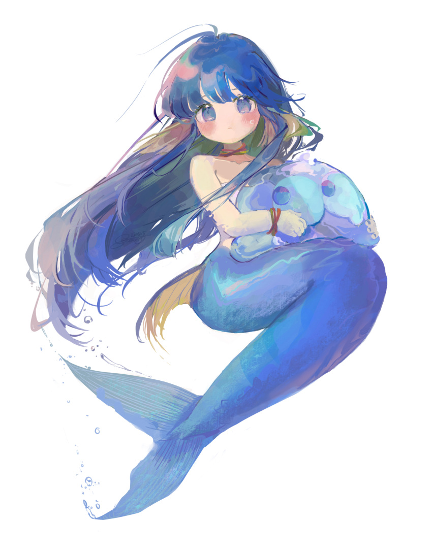 1girl, absurdres, asdwas, bandeau, blob, blue_eyes, blue_hair, blush, closed_mouth, commentary_request, fins, full_body, head_fins, highres, kneeless_mermaid, long_hair, madou_monogatari, mermaid, monster_girl, puyo_(puyopuyo), puyopuyo, serilly_(puyopuyo), solo, very_long_hair, white_bandeau