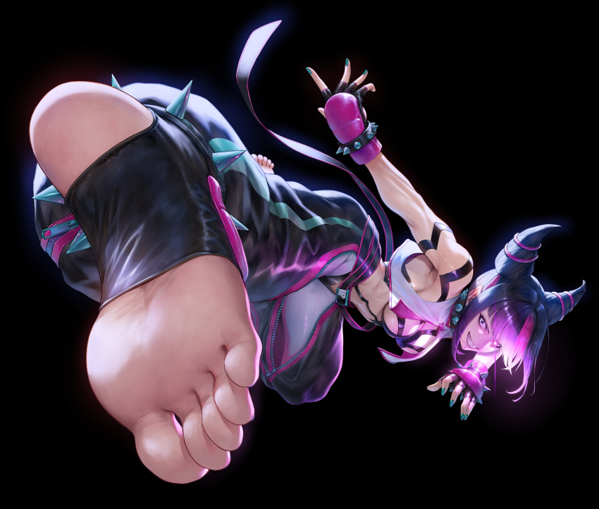 1girl, absurdres, baggy_pants, bare_shoulders, barefoot, black_background, bracelet, breasts, capcom, drill_hair, evil_smile, feet, glowing, glowing_eye, han_juri, highres, jewelry, kicking, looking_at_viewer, mugetsu2501, multicolored_hair, pants, sideboob, simple_background, smile, solo, spiked_bracelet, spikes, streaked_hair, street_fighter, street_fighter_6, toned_female, twin_drills, zipper_pull_tab