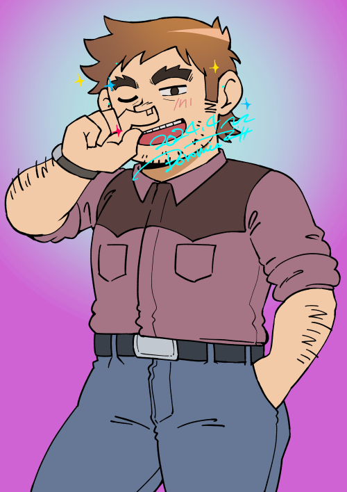 1boy, alternate_body_size, beard_stubble, blush, brown_hair, cowboy_shot, denim, doromizu_(doromiez)