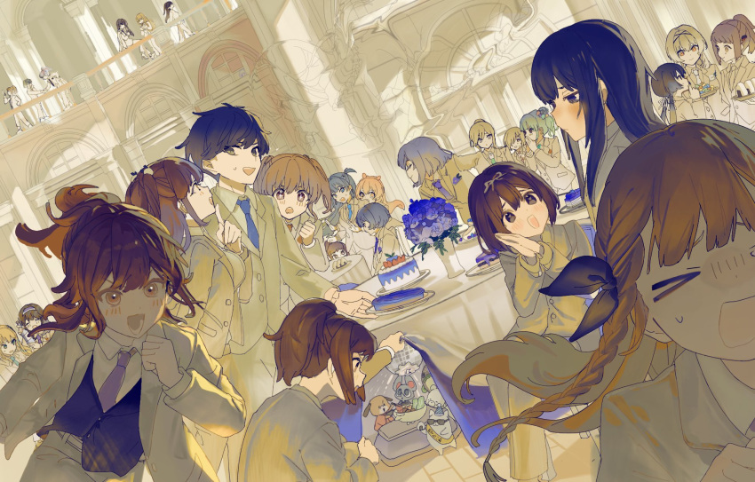 >o<, 1boy, 6+girls, akazaki_kokoro, bawa_(thankyousushi), blue_flower, blue_hair, braid, brown_hair, cake, flower, food, hair_ribbon, hairband, hashimoto_satomi, hayasaka_mei, highres, hyodou_shizuku, ibuki_nagisa, ichinose_rei, idoly_pride, igawa_aoi, invisible, kanzaki_rio, kawasaki_sakura, komiyama_ai, lifting_covers, makino_kouhei, mascot, multiple_girls, nagase_kotono, nagase_mana, narumiya_suzu, necktie, onigiri, orange_hair, palms_together, party, ponytail, ribbon, saeki_haruko_(idoly_pride), shiraishi_chisa, shiraishi_saki, short_twintails, suit, suzumura_yuu, tendou_rui, twintails, white_suit