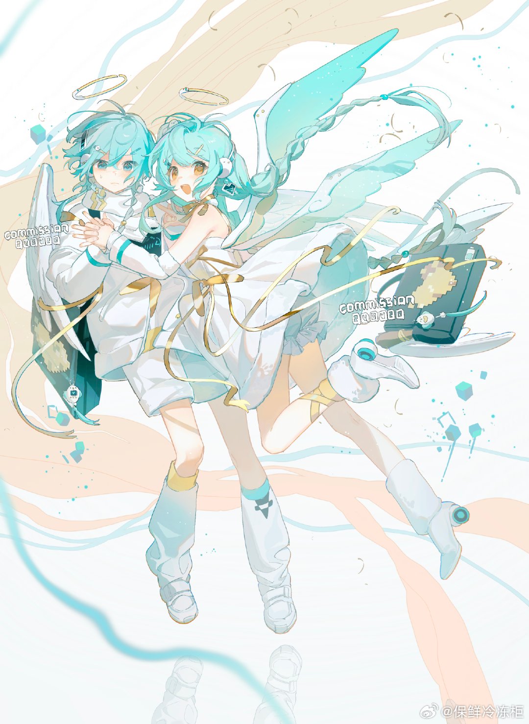 1boy, 1girl, angel, angel_wings, aqua_hair, aqua_wings, asymmetrical_legwear, baoxian_lengdong_gui