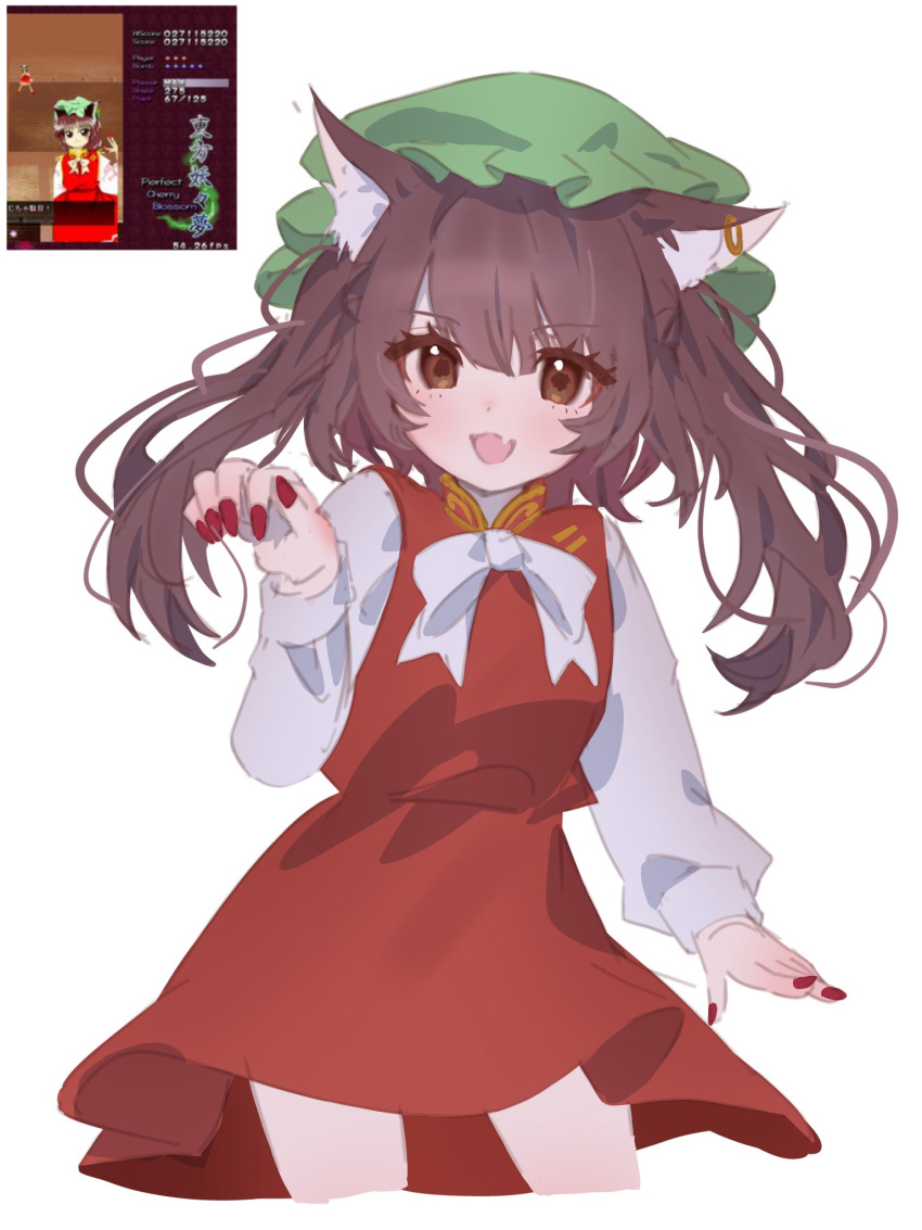 1girl, :d, alternate_hair_length, alternate_hairstyle, animal_ears, bow, bowtie, brown_eyes, brown_hair, cat_ears, chen, commentary_request, contrapposto, cowboy_shot, cropped_legs, dress, fang, hand_up, hat, highres, light_blush, long_hair, long_sleeves, looking_at_viewer, mob_cap, nail_polish, perfect_cherry_blossom, rakugakiman2222, red_dress, red_nails, reference_inset, skin_fang, smile, solo, touhou, white_bow, white_bowtie, zun_(artist)