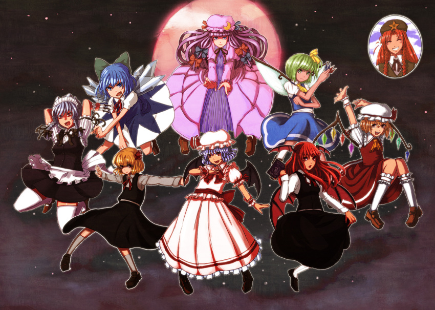 bad_id, cirno, daiyousei, everyone, flandre_scarlet, full_moon, highres, hong_meiling