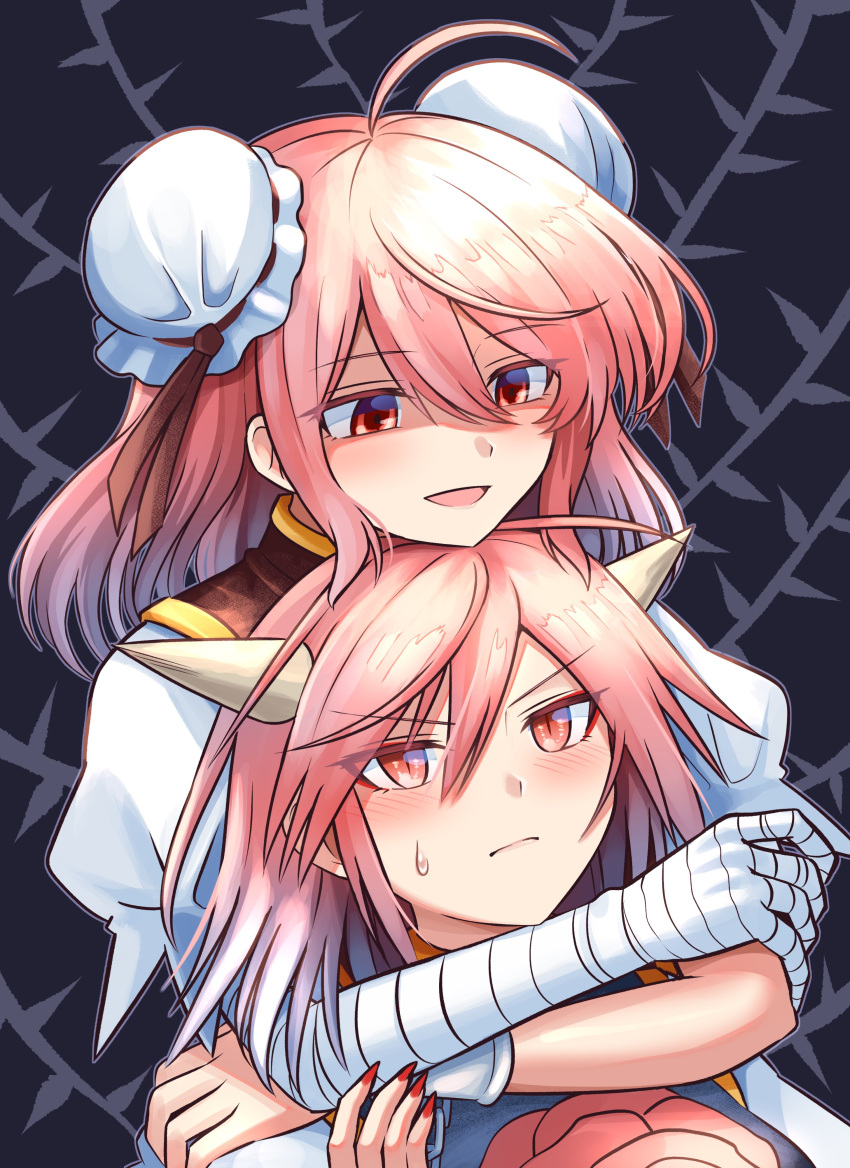 2girls, absurdres, ahoge, bandaged_arm, bandages, black_tabard, bun_cover, chinese_clothes