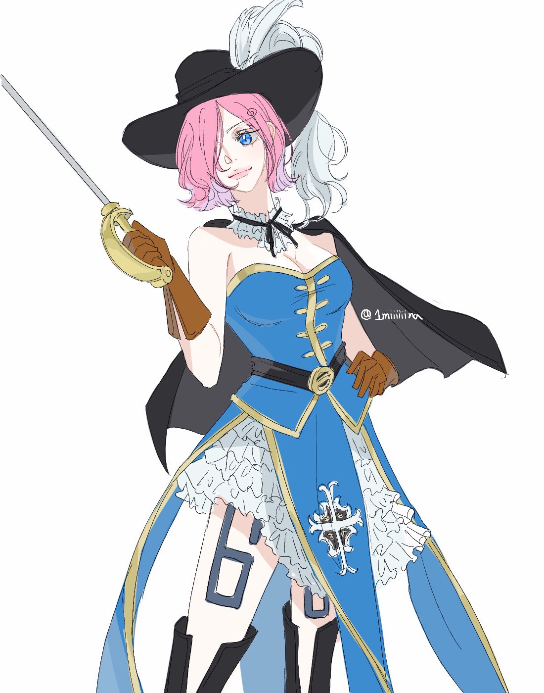 1girl, 1miiiiiina, belt, black_cape, blue_dress, blue_eyes, boots, brown_gloves