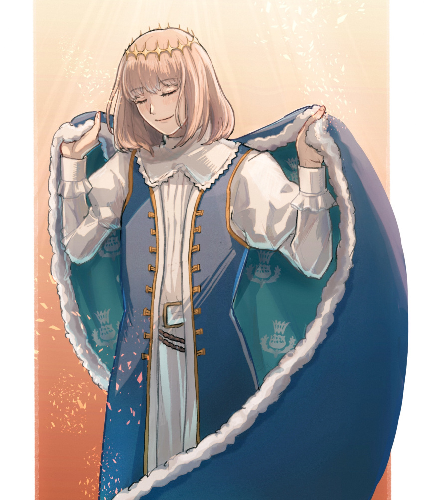 1boy, blue_cloak, blue_vest, blush, brown_hair, cloak, closed_eyes, closed_mouth