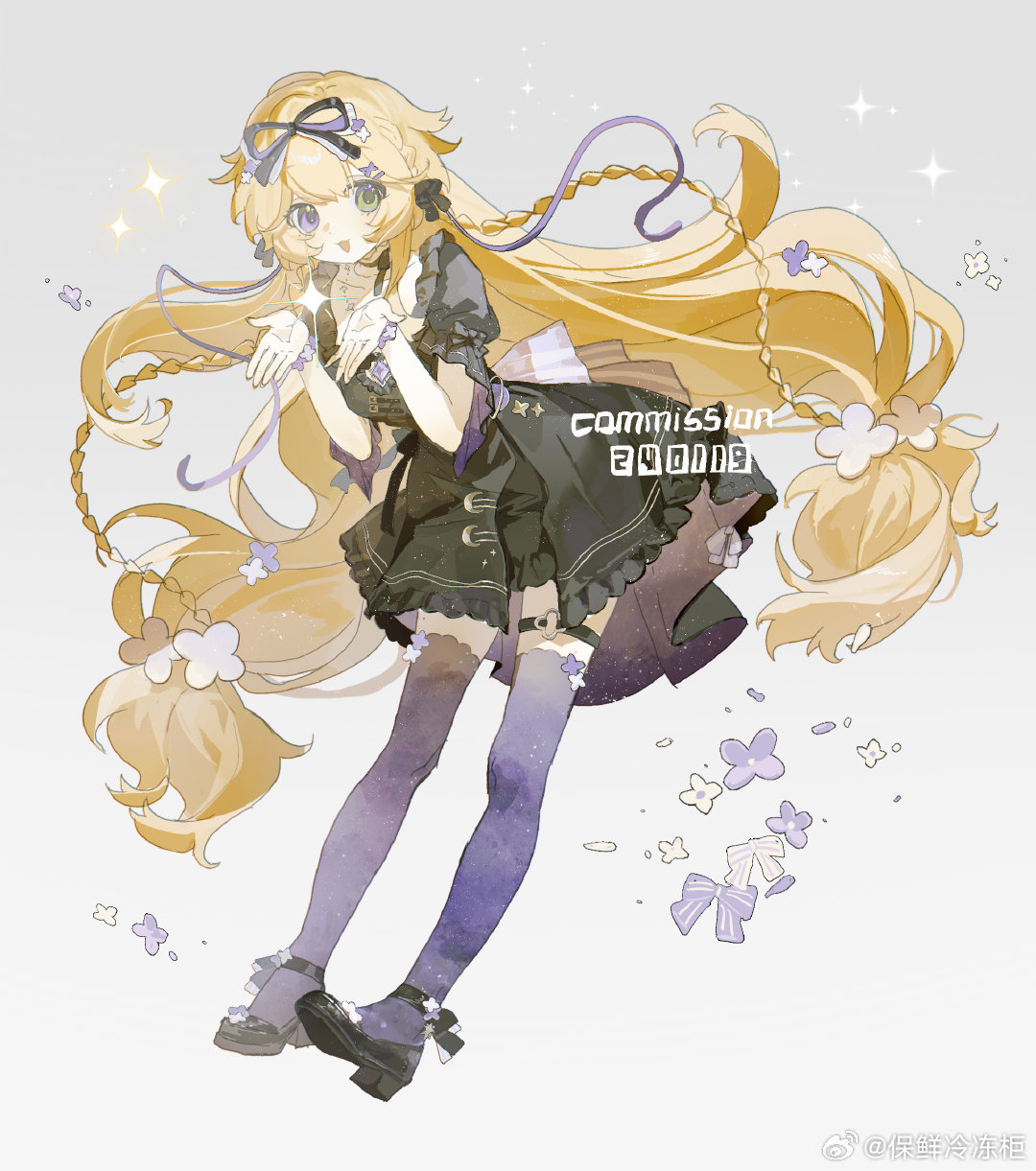1girl, baoxian_lengdong_gui, black_bow, black_choker, black_dress, black_footwear, blonde_hair, bow
