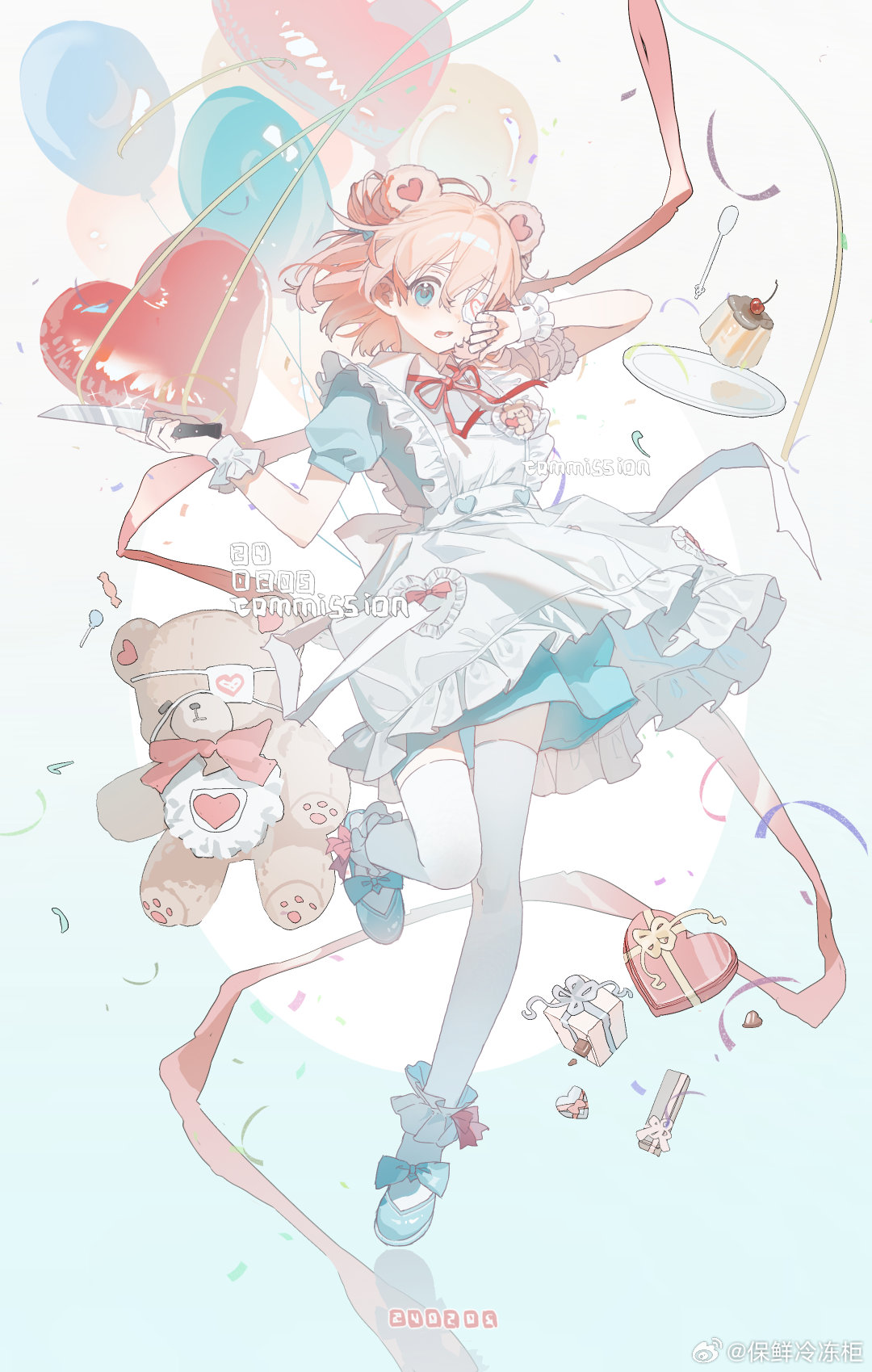 1girl, animal_ears, apron, balloon, baoxian_lengdong_gui, bear_ears, blue_background, blue_bow