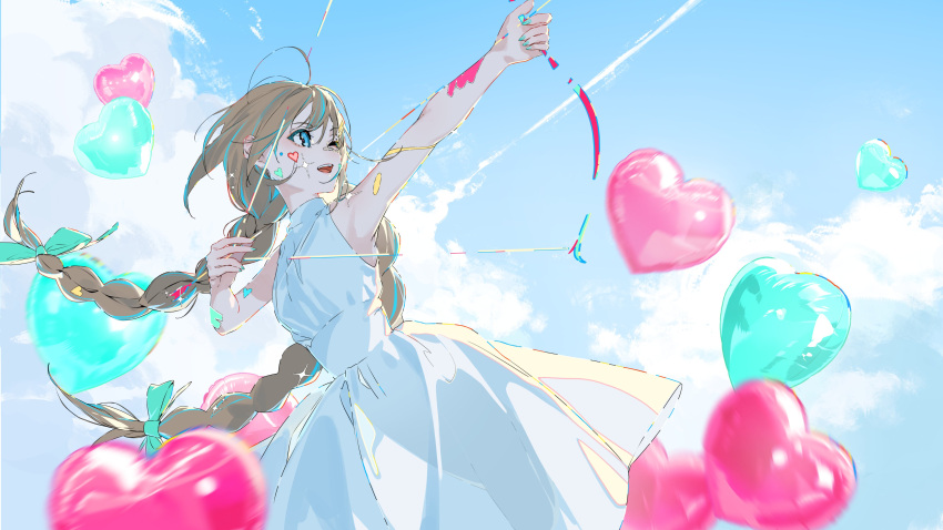1girl, absurdres, ahoge, aiming, aiming_up, aqua_bow, aqua_eyes, aqua_hair