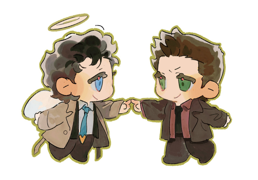 2boys, angel, angel_wings, beard_stubble, black_hair, blue_eyes, castiel, chibi
