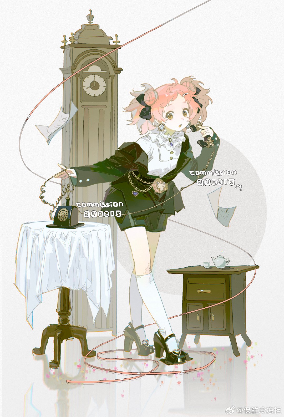 1girl, :o, antique_phone, baoxian_lengdong_gui, beads, black_bow, black_dress, black_footwear