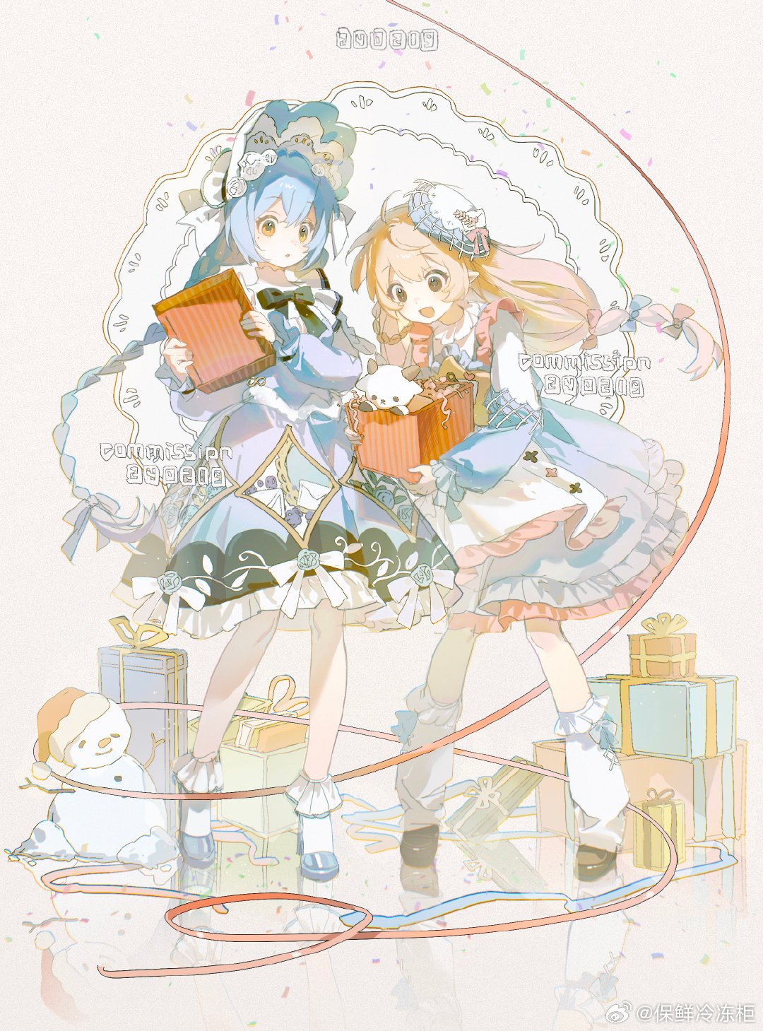 2girls, :o, apron, baoxian_lengdong_gui, black_bow, black_bowtie, black_footwear, blonde_hair