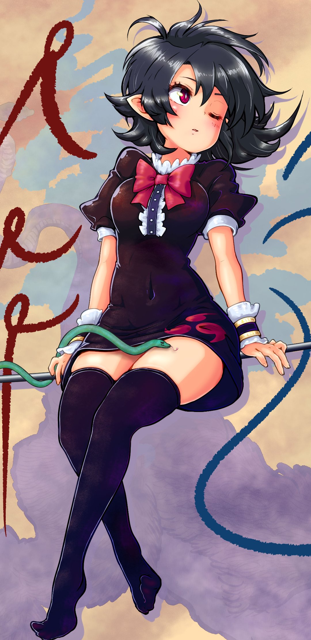 1girl, asymmetrical_wings, black_dress, black_hair, black_thighhighs, blue_wings, bow, bowtie