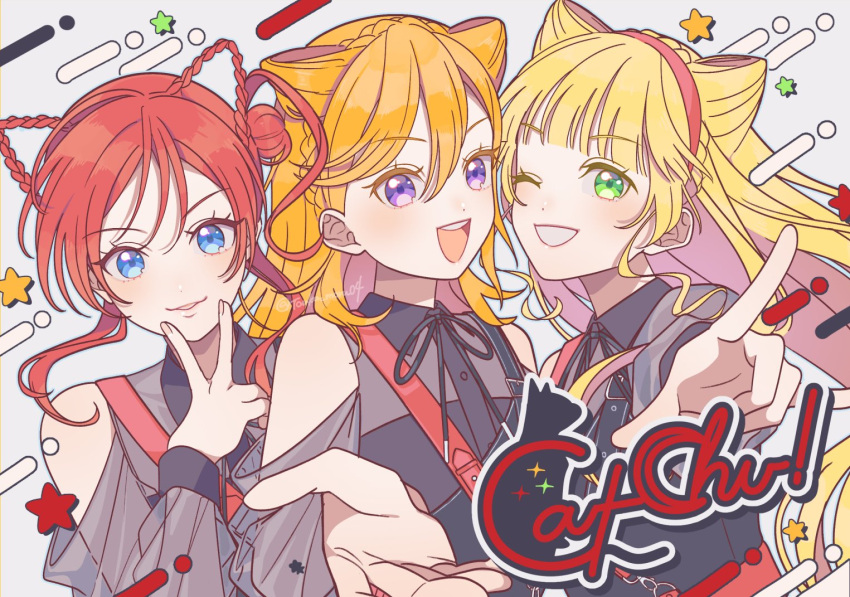 3girls, \m/, black_dress, black_ribbon, blonde_hair, blue_eyes, blunt_bangs, blush