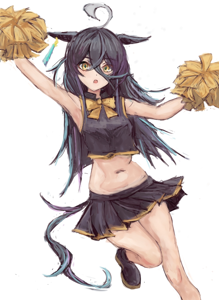 1girl, ahoge, animal_ears, arm_up, armpits, black_hair, black_shirt, black_skirt