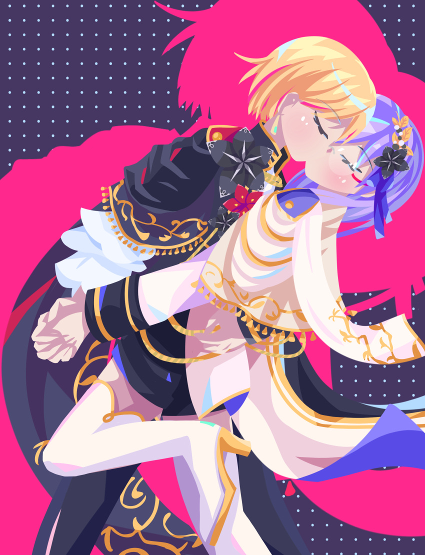 2girls, absurdres, blonde_hair, cape, closed_eyes, evanhehehe, flower, glasses