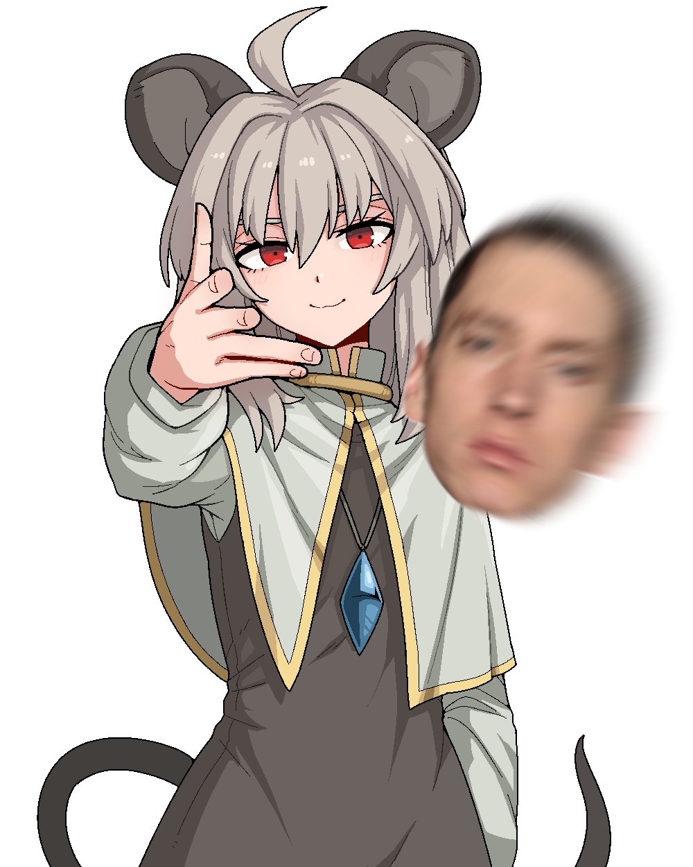 1boy, 1girl, ahoge, animal_ears, black_dress, capelet, closed_mouth, dress, eminem, eminem_throwing_a_fat_rat_(meme), formicid, grey_capelet, grey_hair, hair_between_eyes, highres, jewelry, long_sleeves, looking_at_viewer, meme, mouse_ears, mouse_tail, nazrin, pendant, photo_inset, real_life, red_eyes, short_hair, simple_background, smile, tail, touhou, white_background