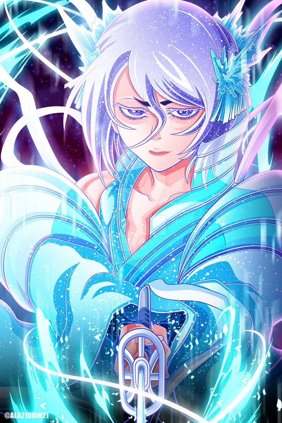 1girl, aladdin_(ala21ddin21), bankai, bleach, bleach:_sennen_kessen-hen, cryokinesis, crystal_sword, hair_between_eyes, hakka_no_togame_(bankai), highres, ice, ice_crystal, ice_flower, japanese_clothes, kimono, kuchiki_rukia, long_ribbon, looking_at_viewer, sash, shinigami, short_hair, solo, sword, violet_eyes, weapon, white_kimono, white_sash, zanpakutou