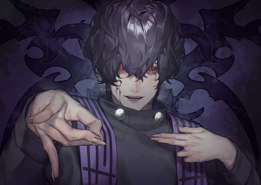 1boy, akr_noze, beelzebub_(shuumatsu_no_valkyrie), black_hair, black_sclera, colored_sclera, demon_horns, etching
